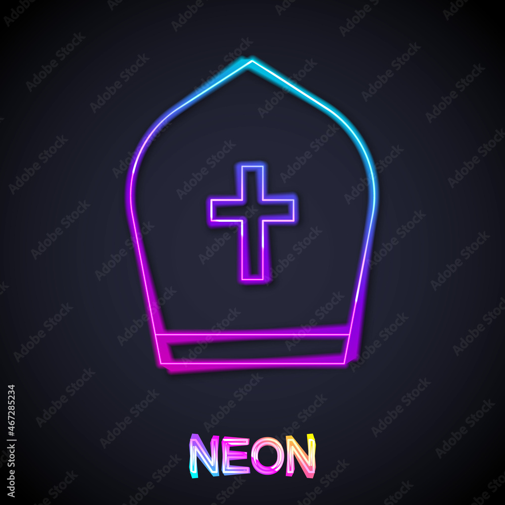Obraz premium Glowing neon line Pope hat icon isolated on black background. Christian hat sign. Vector