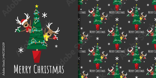 Christmas holiday banner with Merry Christmas text and seamless pattern of cute reindeer wear scarf and Santa hat holding gift box with Christmas tree on black background with snowflakes.