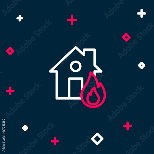 Line Fire in burning house icon isolated on blue background. Colorful outline concept. Vector