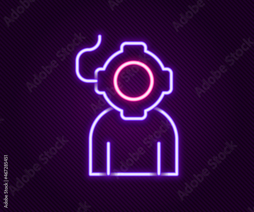 Glowing neon line Aqualung icon isolated on black background. Diving helmet. Diving underwater equipment. Colorful outline concept. Vector