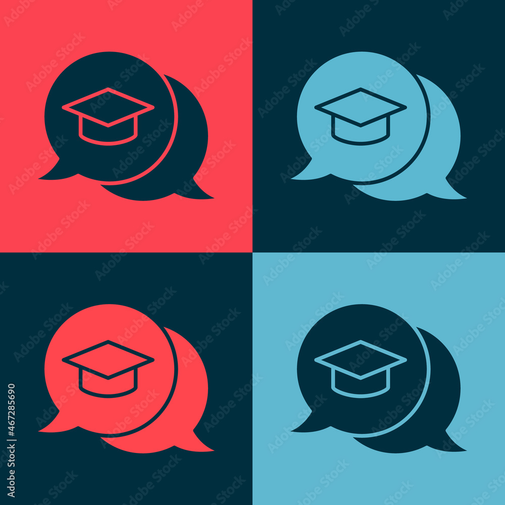 Pop art Graduation cap in speech bubble icon isolated on color background. Graduation hat with tassel icon. Vector Pop art Graduation cap in speech bubble icon isolated on color background. Graduation hat with tassel icon. Vector