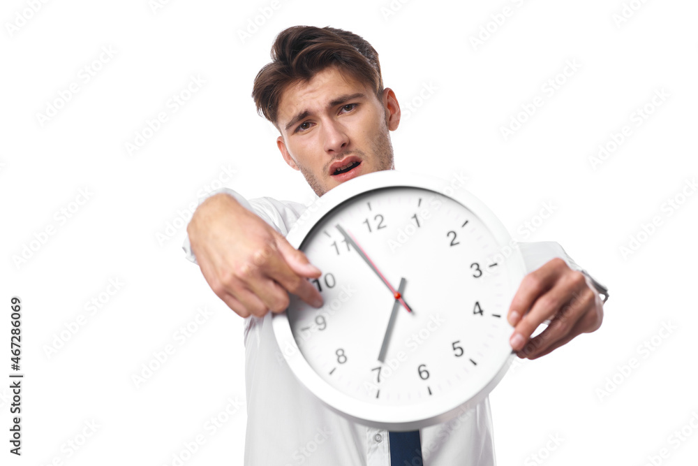 a person with clock in hand break office light background a person with clock in hand break office light background