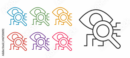 Set line Eye scan icon isolated on white background. Retinal scan. Scanning eye. Security check symbol. Cyber eye sign. Set icons colorful. Vector