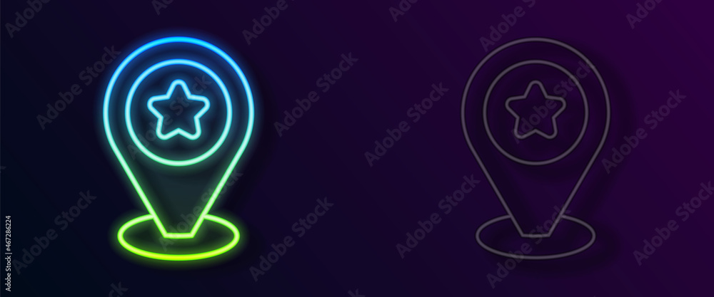 Glowing neon line Map pointer with star icon isolated on black background. Star favorite pin map icon. Map markers. Vector Glowing neon line Map pointer with star icon isolated on black background. Star favorite pin map icon. Map markers. Vector