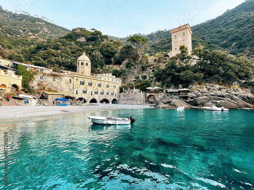 San Fruttuoso Abbey and beach, Liguria, Portofino, Italy