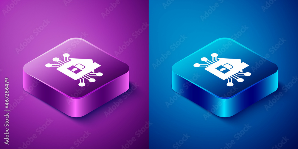 Isometric Smart home icon isolated on blue and purple background. Remote control. Square button. Vector Isometric Smart home icon isolated on blue and purple background. Remote control. Square button. Vector