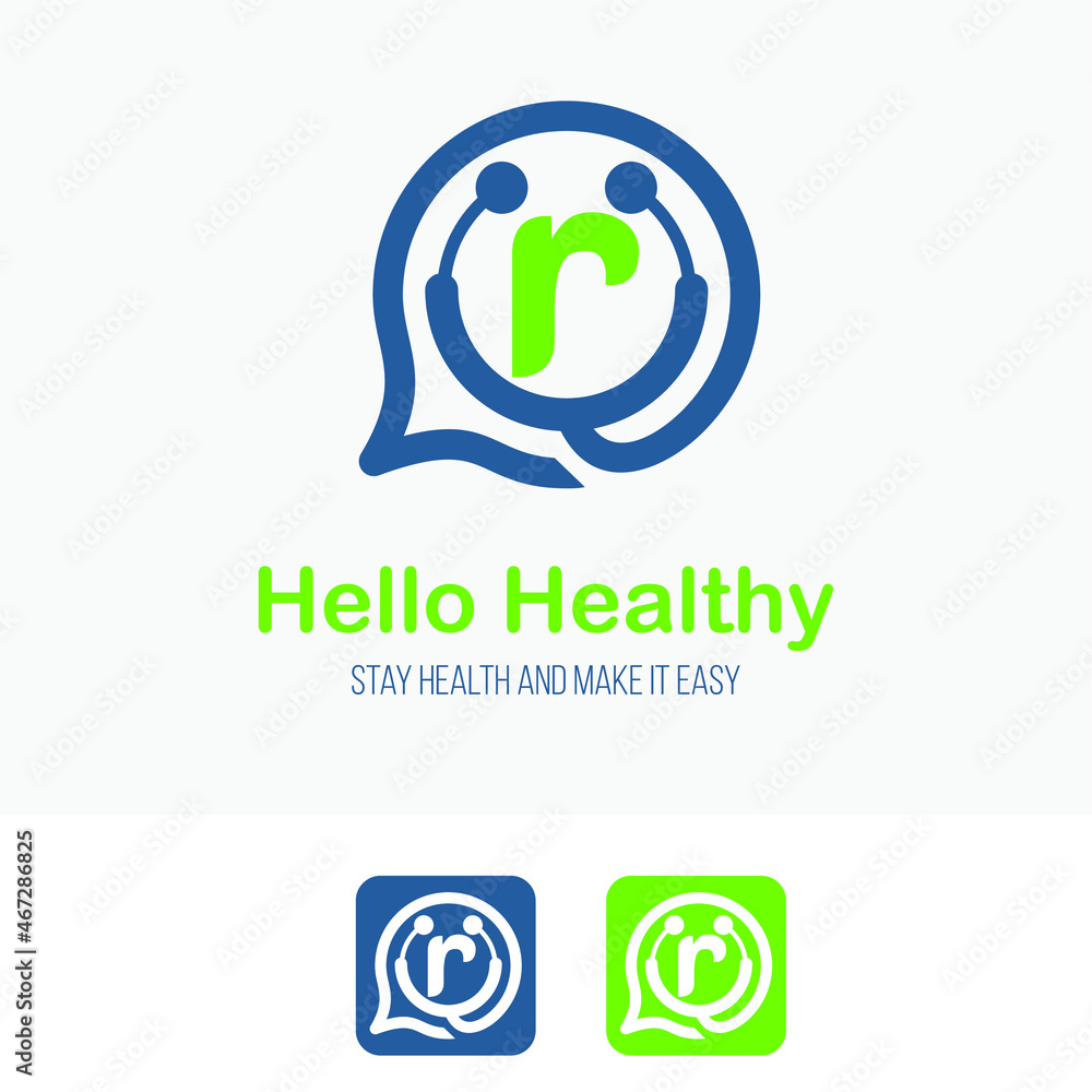 Obraz premium Initial r Letter with stethoscope and bubble speech for health care consultant service business logo design template. Hospital Clinic Call Center Icon Symbol design template.