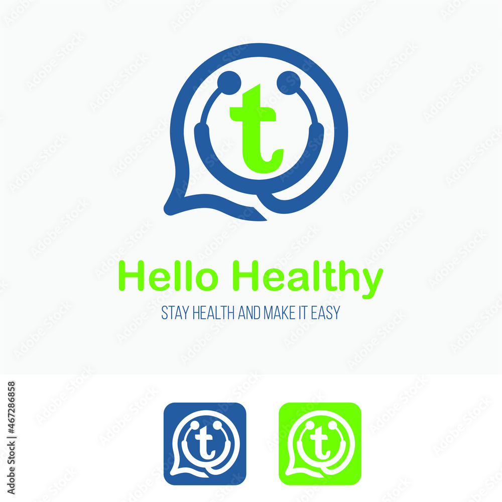 Initial t Letter with stethoscope and bubble speech for health care consultant service business logo design template. Hospital Clinic Call Center Icon Symbol design template. Initial t Letter with stethoscope and bubble speech for health care consultant service business logo design template. Hospital Clinic Call Center Icon Symbol design template.