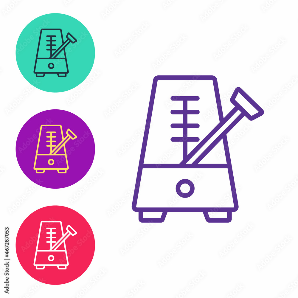 Set line Classic Metronome with pendulum in motion icon isolated on white background. Equipment of music and beat mechanism. Set icons colorful. Vector Set line Classic Metronome with pendulum in motion icon isolated on white background. Equipment of music and beat mechanism. Set icons colorful. Vector