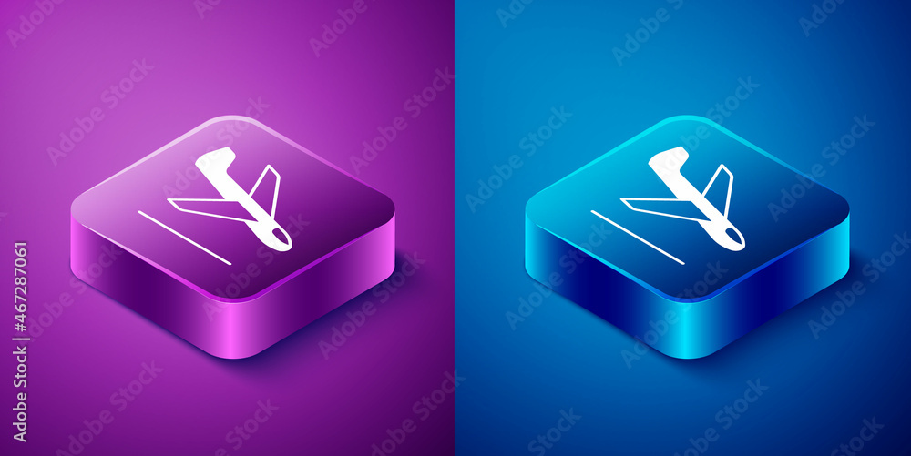 Isometric Plane landing icon isolated on blue and purple background. Airplane transport symbol. Square button. Vector Isometric Plane landing icon isolated on blue and purple background. Airplane transport symbol. Square button. Vector