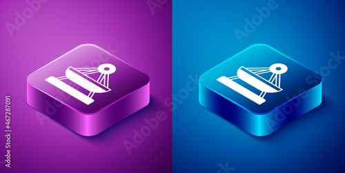 Isometric Boat swing icon isolated on blue and purple background. Childrens entertainment playground. Attraction riding ship, swinging boat. Amusement park. Square button. Vector