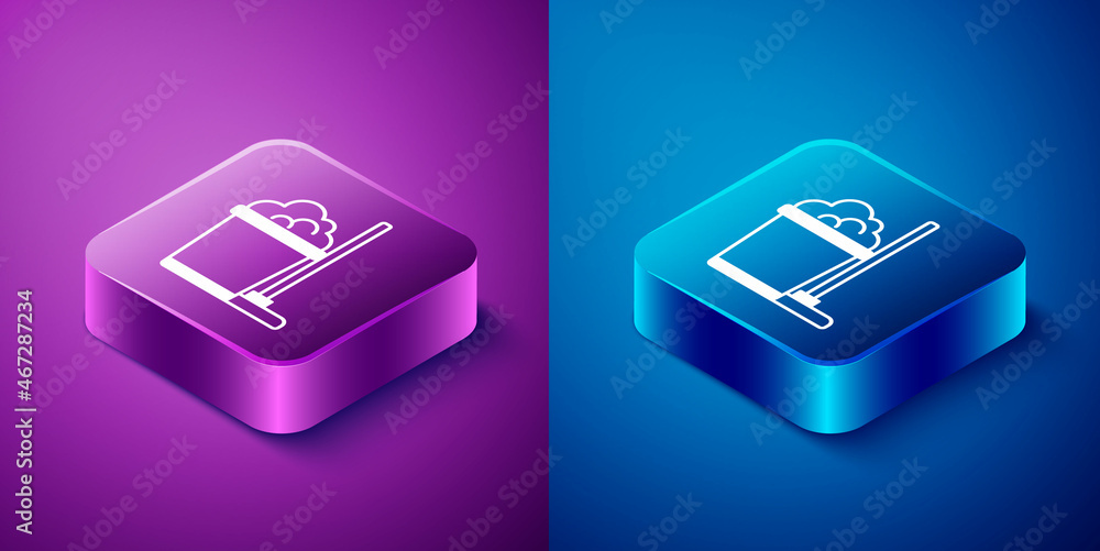 Isometric Mop and bucket icon isolated on blue and purple background. Cleaning service concept. Square button. Vector Isometric Mop and bucket icon isolated on blue and purple background. Cleaning service concept. Square button. Vector