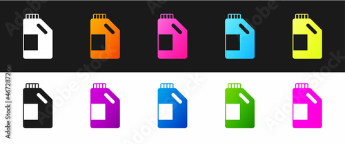 Set Plastic bottle for laundry detergent, bleach, dishwashing liquid or another cleaning agent icon isolated on black and white background. Vector