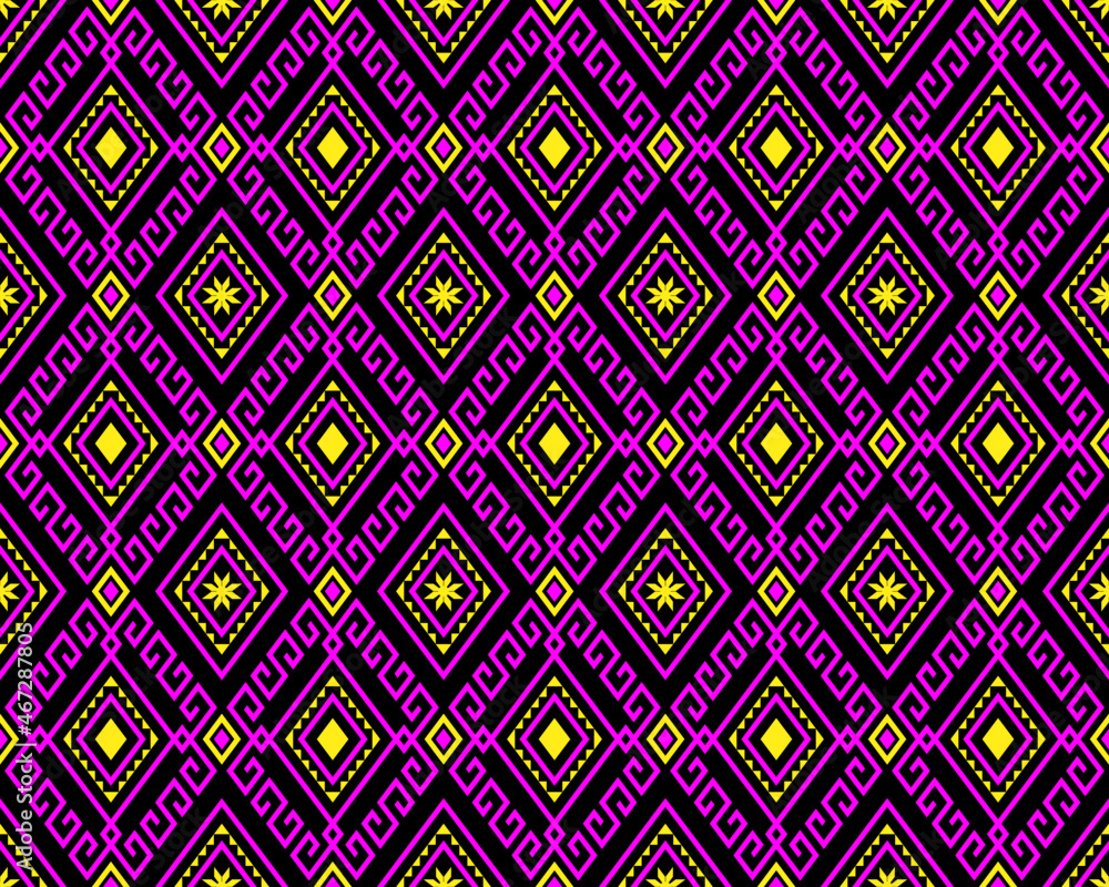 Magenta Yellow Tribe or Ethnic Seamless Pattern on Black Background in Symmetry Rhombus Geometric Bohemian Style for Clothing or Apparel,Embroidery,Fabric,Package Design