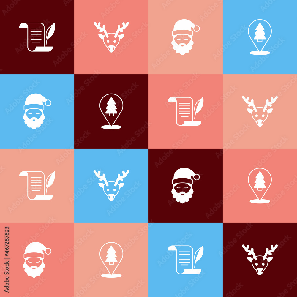 Set pop art Envelope, Reindeer, Santa Claus hat and beard and Christmas tree icon. Vector Set pop art Envelope, Reindeer, Santa Claus hat and beard and Christmas tree icon. Vector