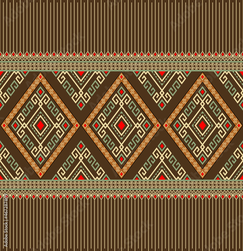 Beige Green Ethnic or Native Seamless Pattern on Brown Background in Symmetry Rhombus Geometric Bohemian Style for Clothing or Apparel,Embroidery,Fabric,Package Design