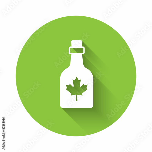 White Bottle of maple syrup icon isolated with long shadow background. Green circle button. Vector