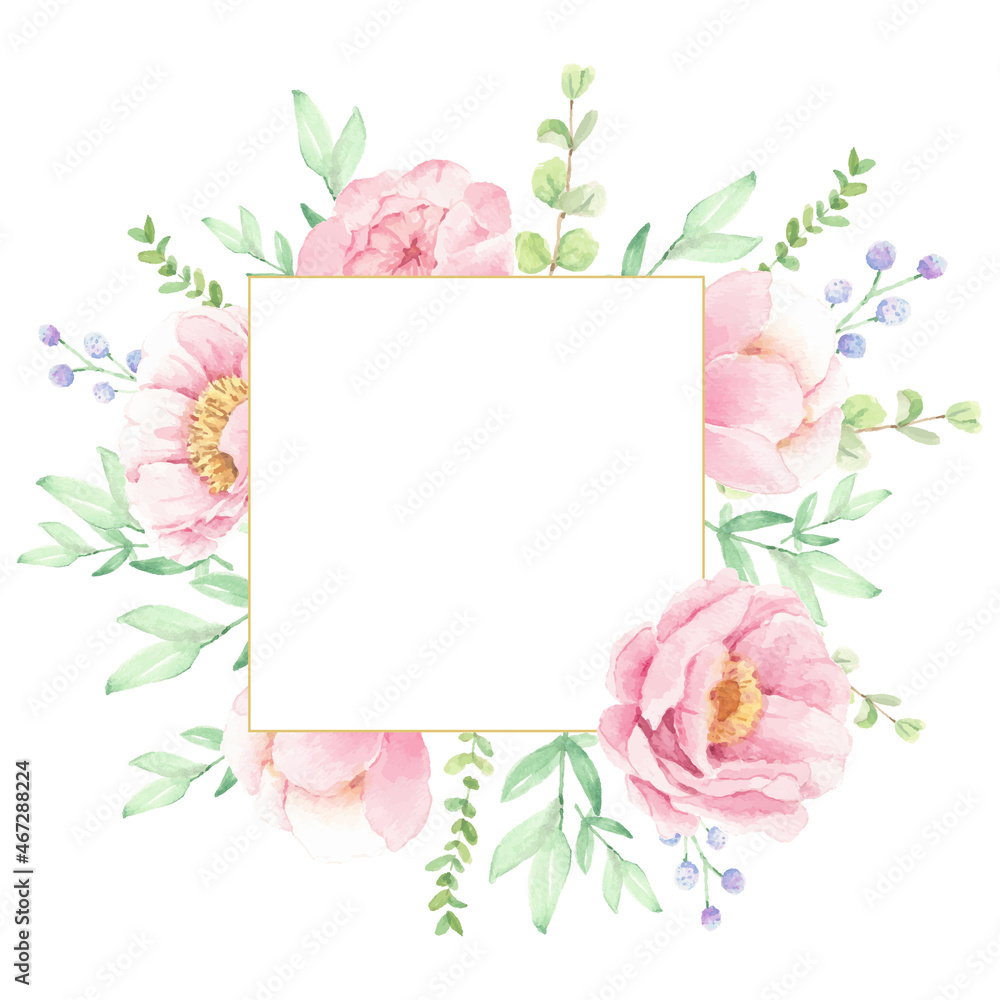 watercolor pink peony flower bouquet arrangement wreath with golden circle frame frame for logo or banner