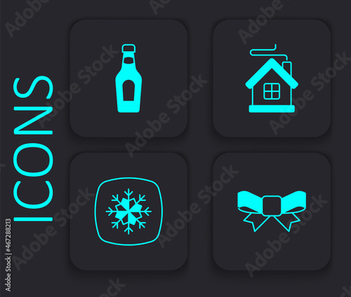 Set Gift bow, Champagne bottle, Merry Christmas house and Snowflake icon. Black square button. Vector