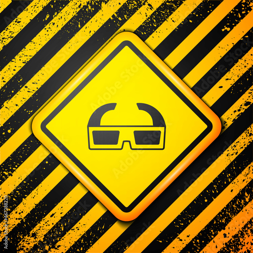 Black 3D cinema glasses icon isolated on yellow background. Warning sign. Vector