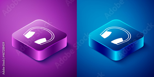 Isometric Noise canceling headphones icon isolated on blue and purple background. Headphones for ear protection from noise. Square button. Vector