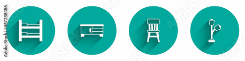 Set Bunk bed, TV table stand, Chair and Floor lamp icon with long shadow. Vector