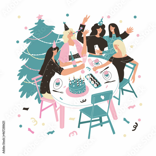Five girls celebrating Newyear Holiday cake sushi champagne glasses Marry Christmas party