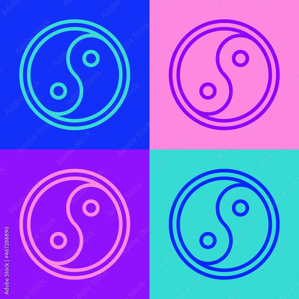 Pop art line Yin Yang symbol of harmony and balance icon isolated on color background. Vector