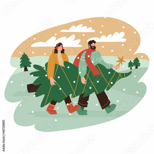 Two people carrying together a big Christmas tree from market. Vector illustration in flat style. Celebration holiday, new year, home decoration. Preparation to holiday, season, winter, snowy day.