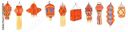 Set with 10 different Indian Street paper lanterns. Oriental light for traditional holiday. Asian. `Vector illustration in flat style. Festive and religion event decor. Isolated on white background.