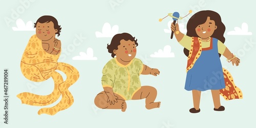Three infancy children newborn, first year baby, kid. Indian baby. Cute child in traditional Indian clothes. Human ages. Flat style in vector illustration. Swaddled little baby sleeping. Girl playing.