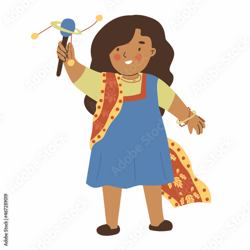 Girl in traditional Indian clothes with long hair is playing and smiling. Little kid. Indian childhood. Human ages. Flat style in vector illustration. Future human. Cute Asian child.
