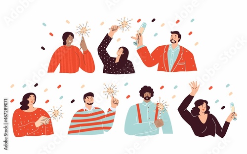 Set with people celebrate new year. Sparkler or a glass of champagne in hands. Flat style in vector illustration. Isolated on white background. Different color skin. Happy holiday and merry Christmas.