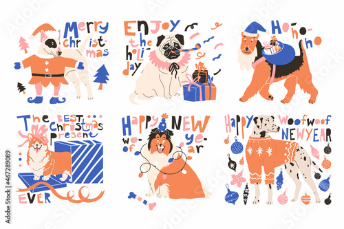 Set with Dogs in festive costume and greeting quotes. Celebrating Christmas and Newyear. Vector illustration in flat style. Isolated in white background. Christmas tree toys, garland, present, Santa.