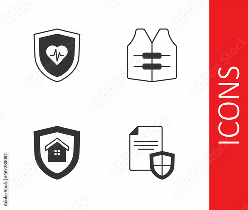 Free Download Set Contract with shield, Life insurance, House and jacket icon. Vector - GFXLoad