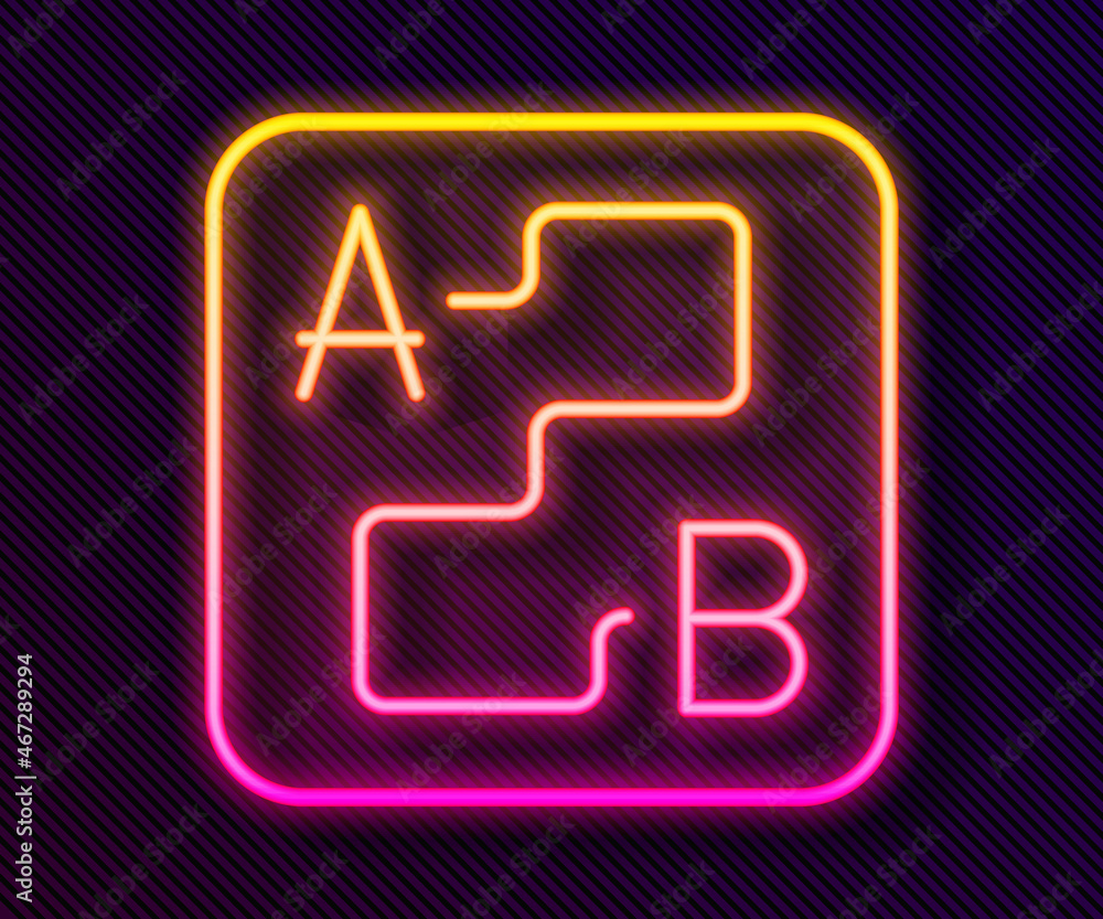 Glowing neon line Route location icon isolated on black background. Map pointer sign. Concept of path or road. GPS navigator. Vector Glowing neon line Route location icon isolated on black background. Map pointer sign. Concept of path or road. GPS navigator. Vector