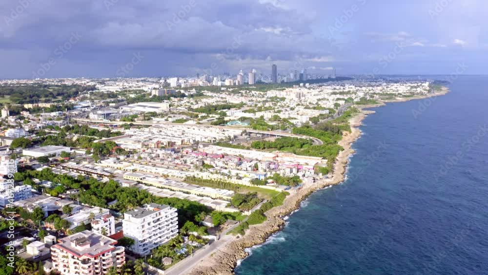 Stunning panoramic view of Santo Domingo city skyline from over Caribbean, aerial Stunning panoramic view of Santo Domingo city skyline from over Caribbean, aerial