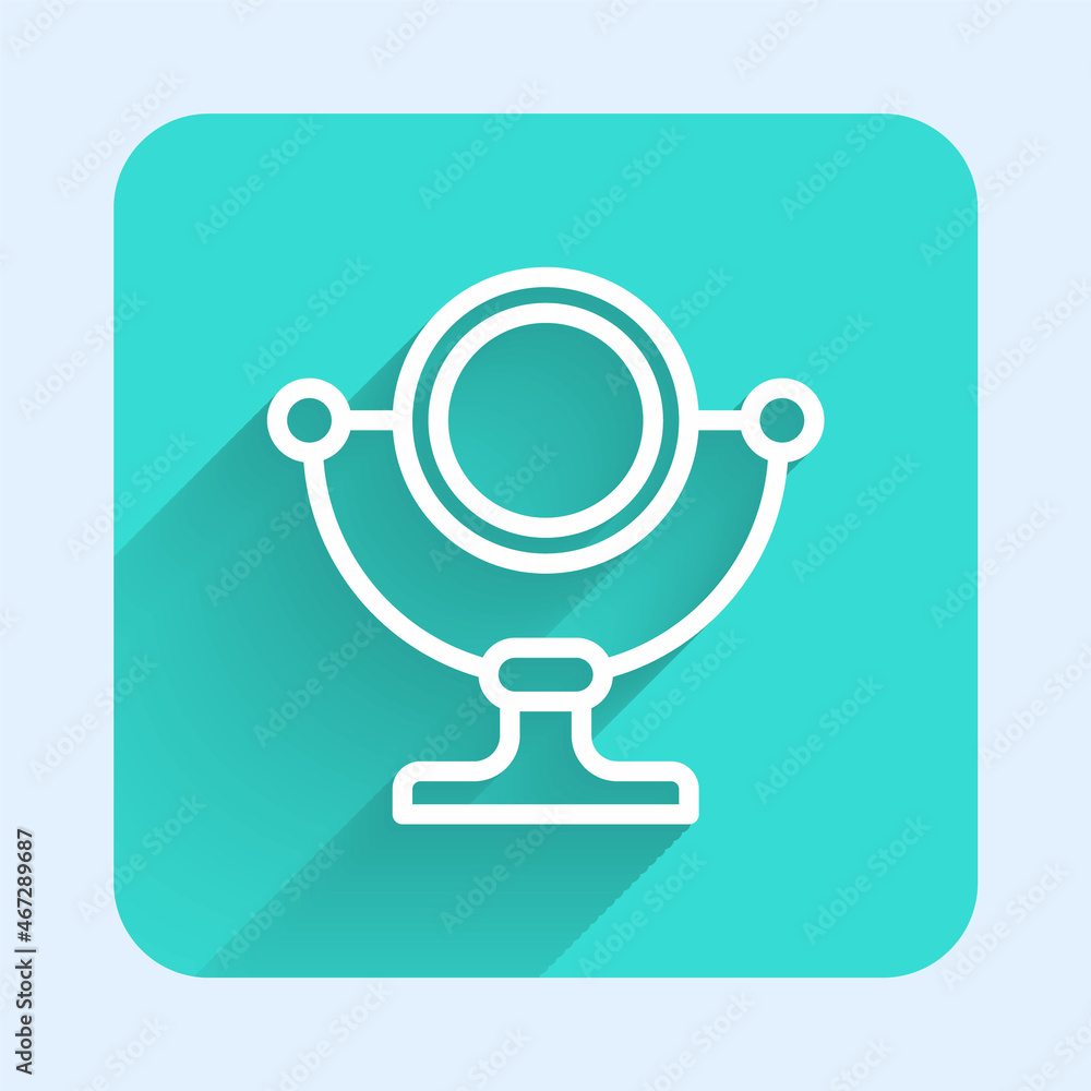White line Round makeup mirror icon isolated with long shadow. Green square button. Vector White line Round makeup mirror icon isolated with long shadow. Green square button. Vector