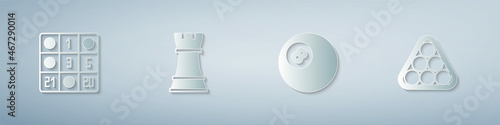 Set Bingo card, Chess, Billiard pool snooker ball and balls triangle. Paper art style. Vector