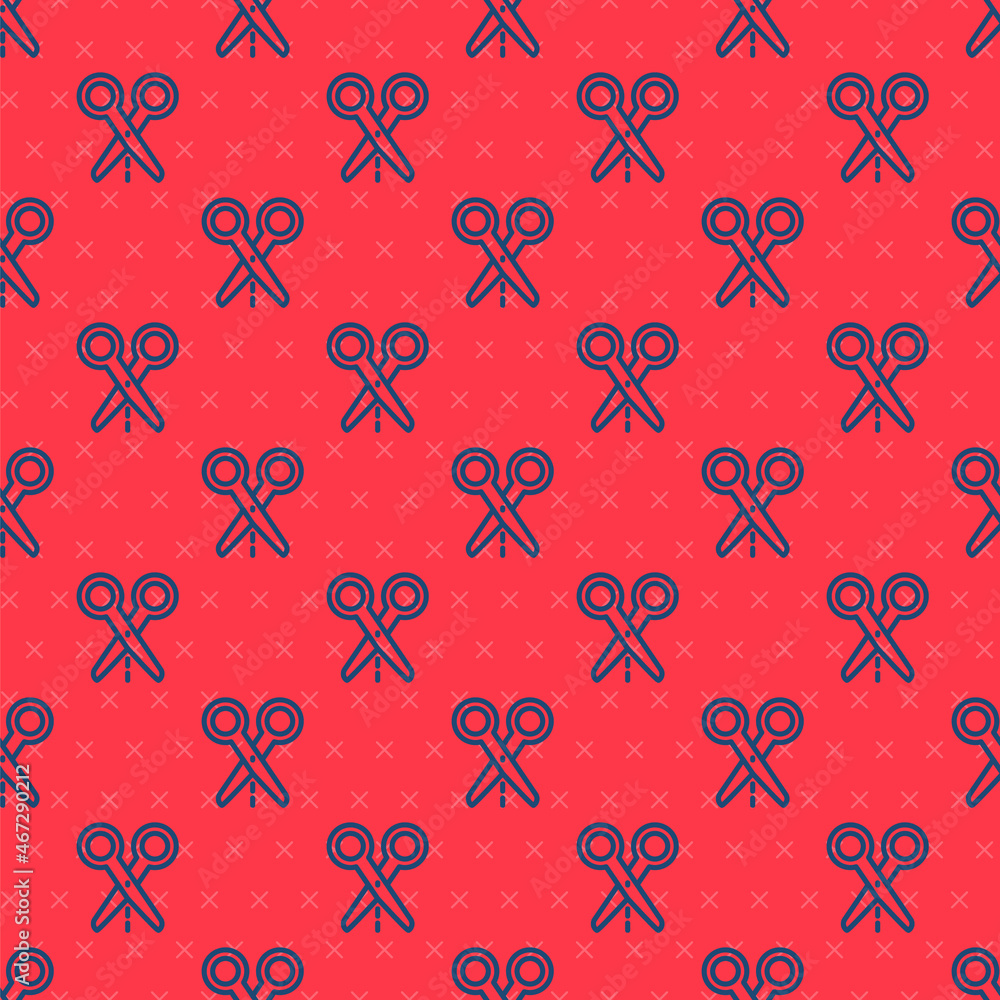 Blue line Scissors with cut line icon isolated seamless pattern on red background. Tailor symbol. Cutting tool sign. Vector