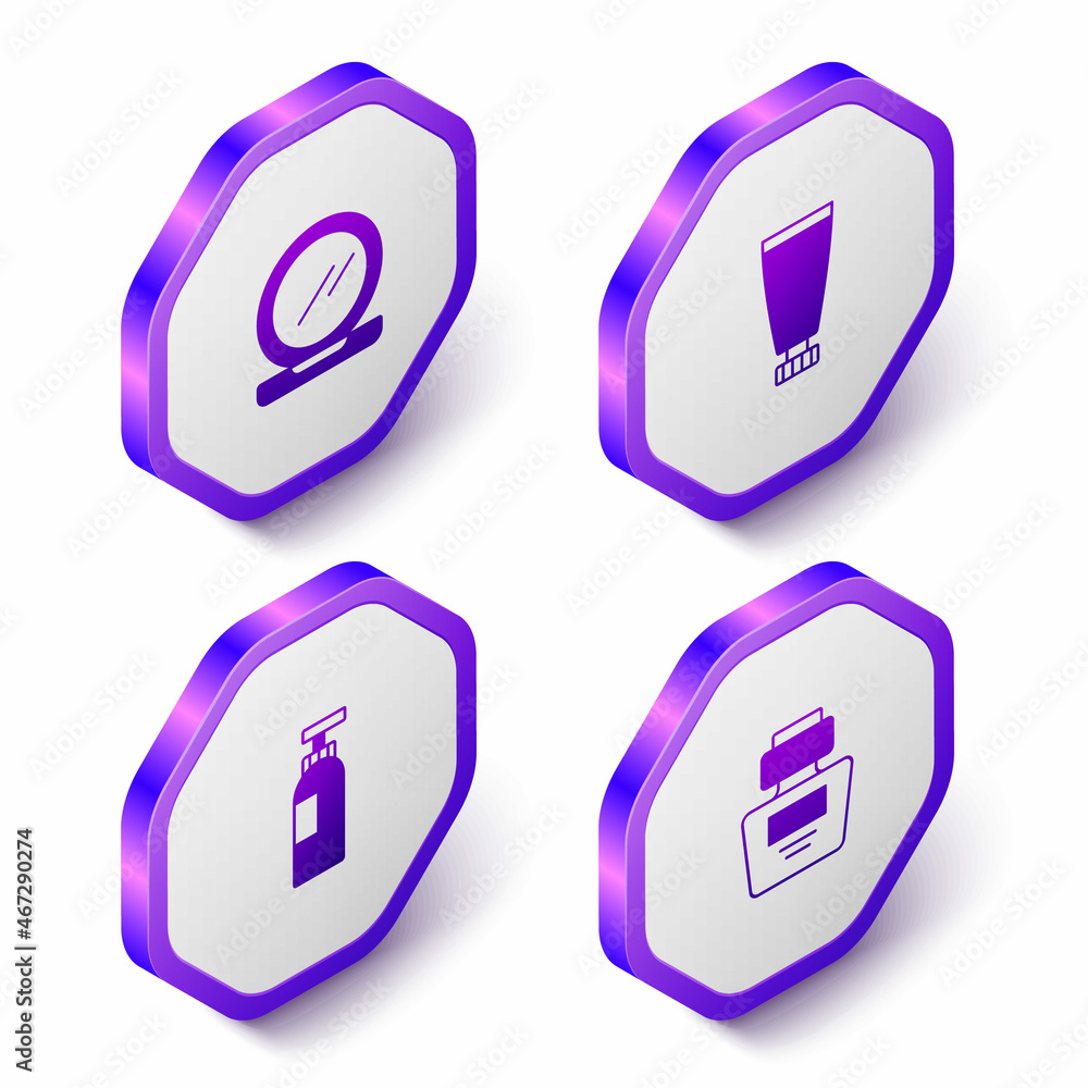 Set Isometric Makeup powder with mirror, Cream lotion cosmetic tube, Bottle of shampoo and Perfume icon. Purple hexagon button. Vector Set Isometric Makeup powder with mirror, Cream lotion cosmetic tube, Bottle of shampoo and Perfume icon. Purple hexagon button. Vector
