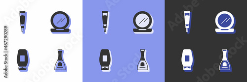 Set Bottle of nail polish  Cream or lotion cosmetic tube  shampoo and Makeup powder with mirror icon. Vector