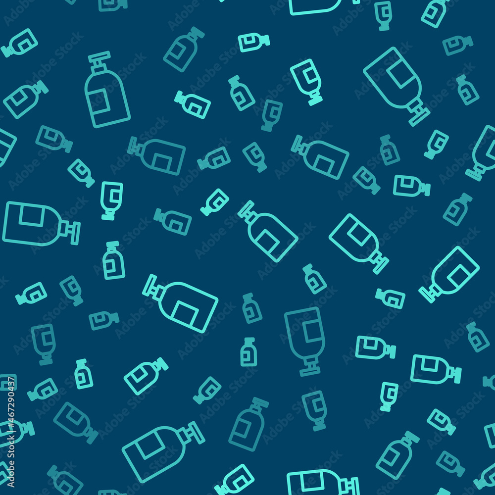 Green line Dishwashing liquid bottle icon isolated seamless pattern on blue background. Liquid detergent for washing dishes. Vector Green line Dishwashing liquid bottle icon isolated seamless pattern on blue background. Liquid detergent for washing dishes. Vector