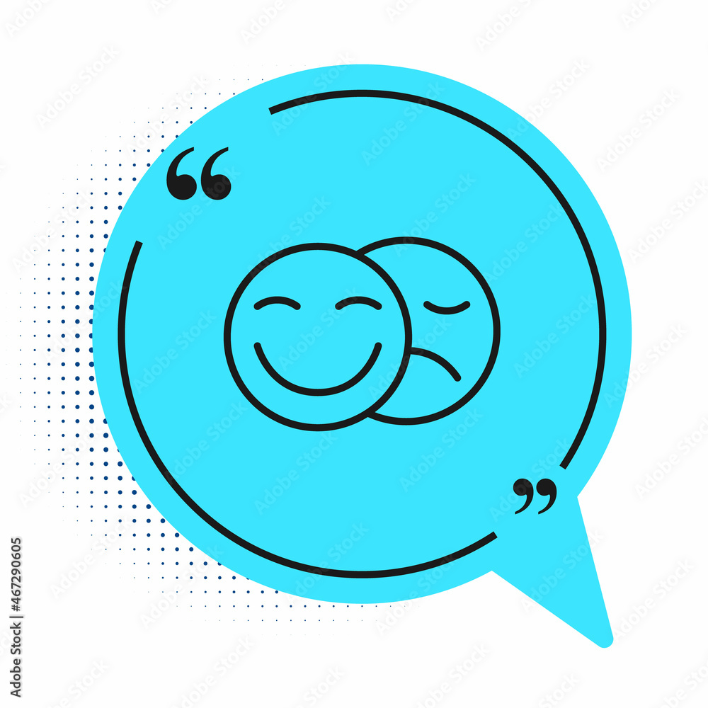 Black line Comedy and tragedy theatrical masks icon isolated on white background. Blue speech bubble symbol. Vector Black line Comedy and tragedy theatrical masks icon isolated on white background. Blue speech bubble symbol. Vector