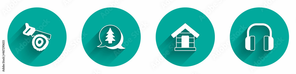 Set Hand saw and log, Tree, Dog house and Headphones icon with long shadow. Vector Set Hand saw and log, Tree, Dog house and Headphones icon with long shadow. Vector