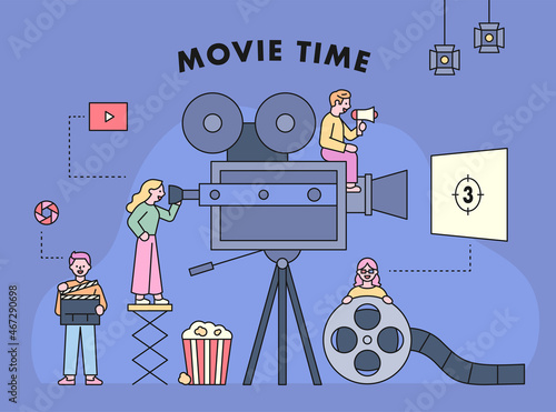 Film crews are filming around a huge film camera. Movie industry concept template. flat design style vector illustration.