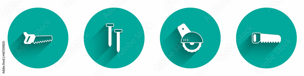 Set Hand saw, Metallic nails, Electric circular and icon with long shadow. Vector Set Hand saw, Metallic nails, Electric circular and icon with long shadow. Vector