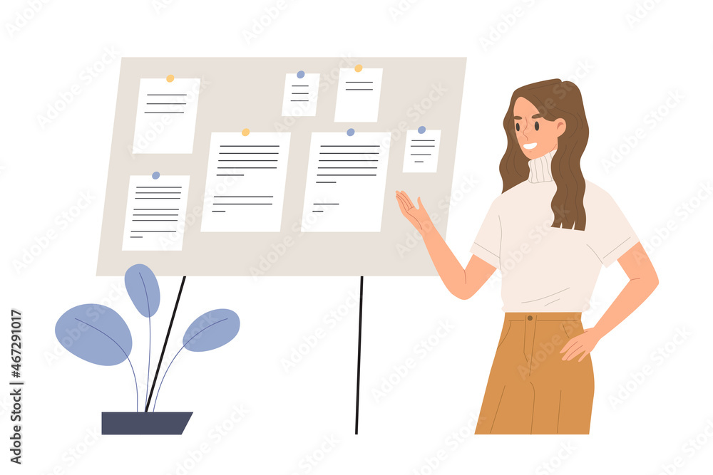 Young female is presenting information on the board. Office conference. Concept of presentation, meeting, advertising, marketing plan, announcement. Flat vector illustration character. Young female is presenting information on the board. Office conference. Concept of presentation, meeting, advertising, marketing plan, announcement. Flat vector illustration character.