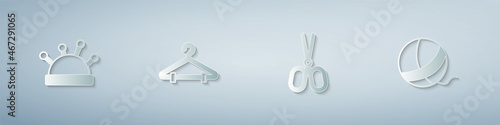 Set Needle bed and needles, Hanger wardrobe, Scissors and Yarn ball. Paper art style. Vector