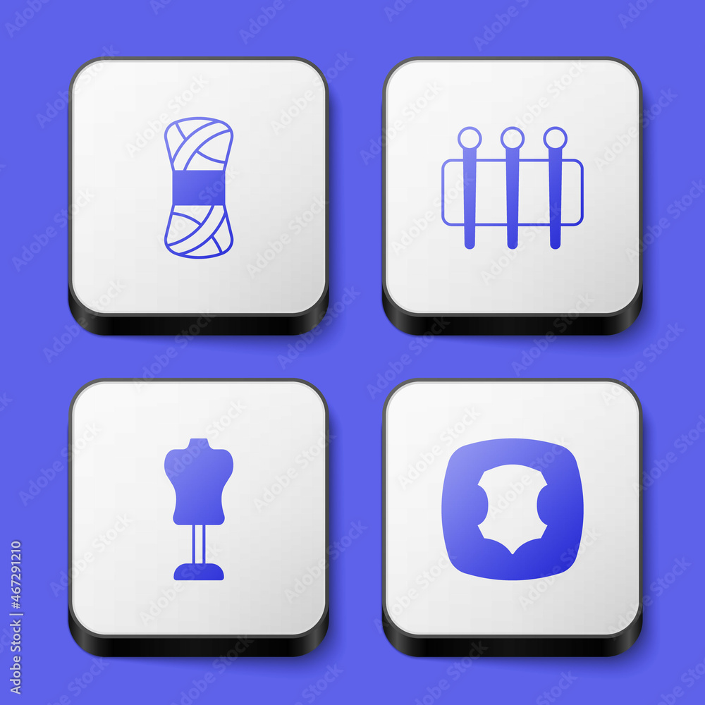 Set Yarn, Needle for sewing, Mannequin and Leather icon. White square button. Vector Set Yarn, Needle for sewing, Mannequin and Leather icon. White square button. Vector